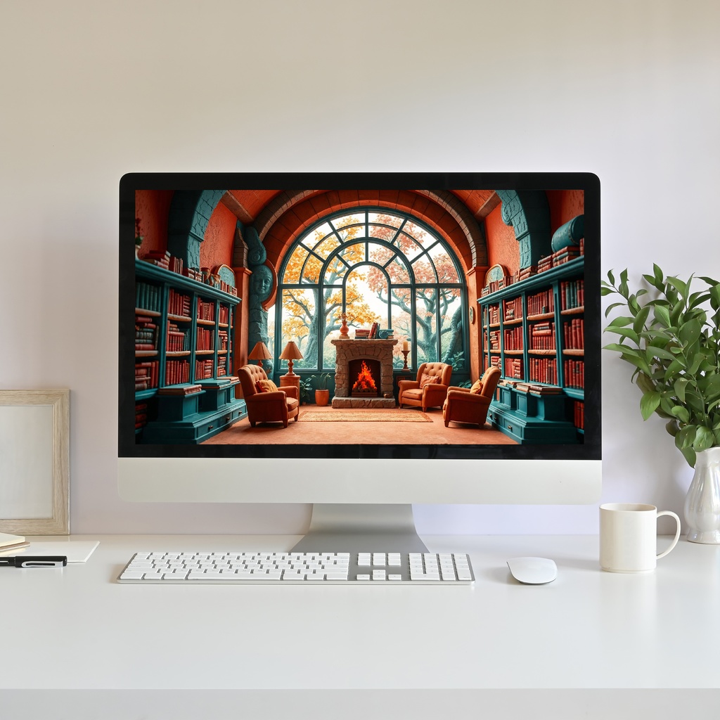 【アニメ背景】秋の癒やし図書館 - 暖炉と紅葉のロリ背景 | Cozy Autumn Library Animated Background - Relaxing Lofi Fall Fireplace Study Nook Vtuber Youtube Twitch Overlay