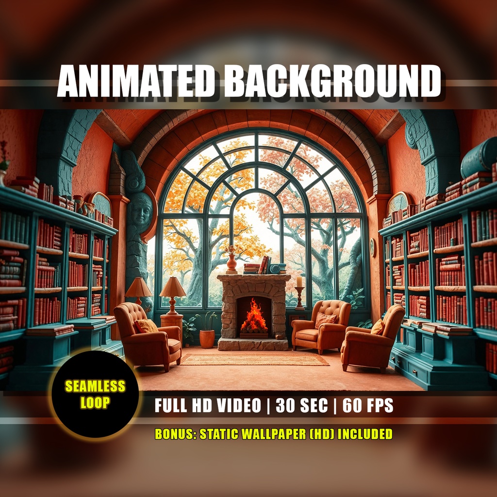 【アニメ背景】秋の癒やし図書館 - 暖炉と紅葉のロリ背景 | Cozy Autumn Library Animated Background - Relaxing Lofi Fall Fireplace Study Nook Vtuber Youtube Twitch Overlay