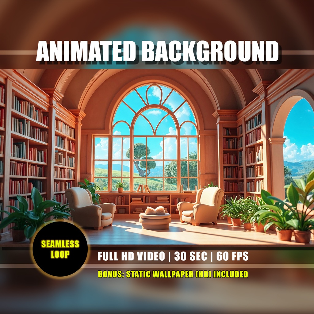 【アニメ背景】爽やかな朝の図書館 - 日差しが差し込む読書空間 | Cozy Morning Library Animated Background | Peaceful Lofi Sunny Study | Vtuber Youtube Twitch Overlay
