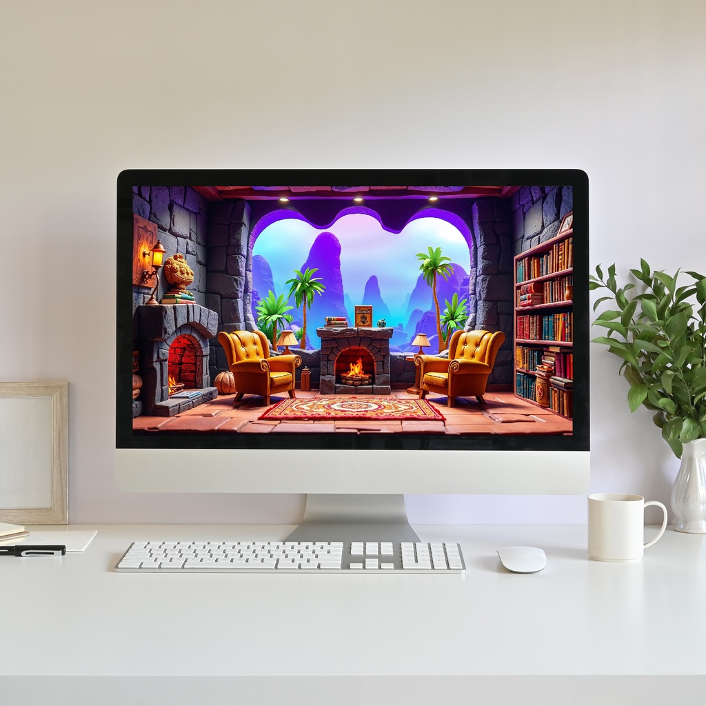 【アニメ背景】太古の癒やし図書館 - 恐竜と石造りの部屋 | Animated Background - Prehistoric Cozy Library | Brachiosaurus Dinosaur, Stone Room | Vtuber Youtube Twitch Overlay