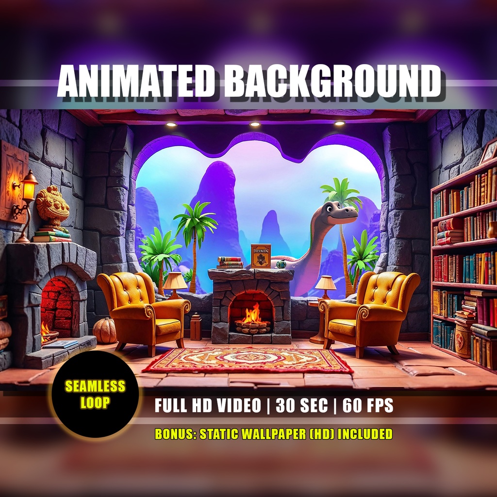 【アニメ背景】太古の癒やし図書館 - 恐竜と石造りの部屋 | Animated Background - Prehistoric Cozy Library | Brachiosaurus Dinosaur, Stone Room | Vtuber Youtube Twitch Overlay