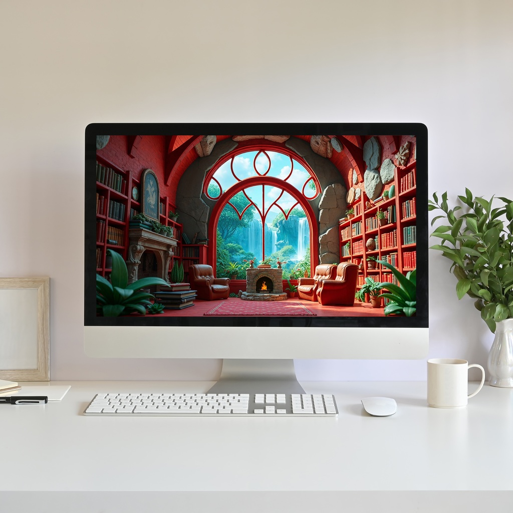 【アニメ背景】深紅の癒やし図書館 - 暖炉と滝の絶景 | Animated Background - Cozy Library | Fireplace, Waterfall | Lofi Red Study | Twitch Youtube Vtuber Overlay