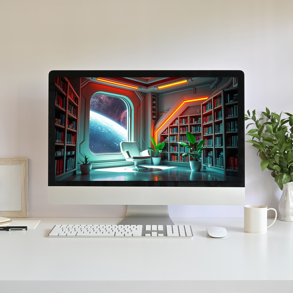 【アニメ背景】宇宙ステーションの図書館 03 - 惑星を望むネオンの書斎 | Animated Background | Space Station Library 03 | Planet View & Neon Lit Study | Cosmic Lo-fi Looped Vtuber Youtube Twitch Stream Overlay