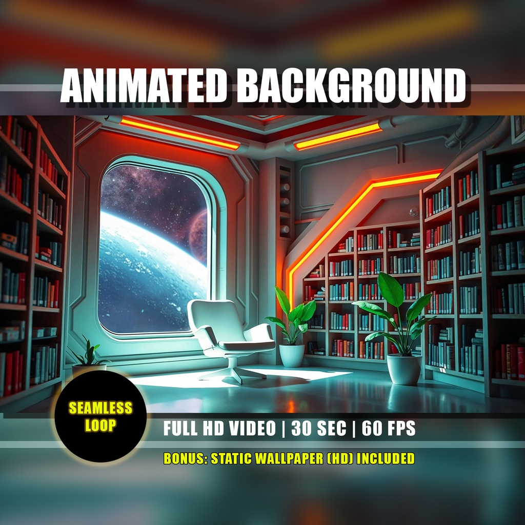 【アニメ背景】宇宙ステーションの図書館 03 - 惑星を望むネオンの書斎 | Animated Background | Space Station Library 03 | Planet View & Neon Lit Study | Cosmic Lo-fi Looped Vtuber Youtube Twitch Stream Overlay