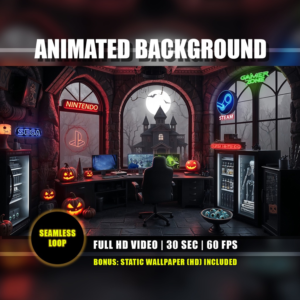 【アニメ背景】ホラーゲーマーの部屋 - ハロウィンと幽霊屋敷 | Animated Background | Spooky Gamer Zone 01 | Halloween Gaming Setup & Haunted House View | Dark Atmospheric Vtuber Twitch Youtube Overlay