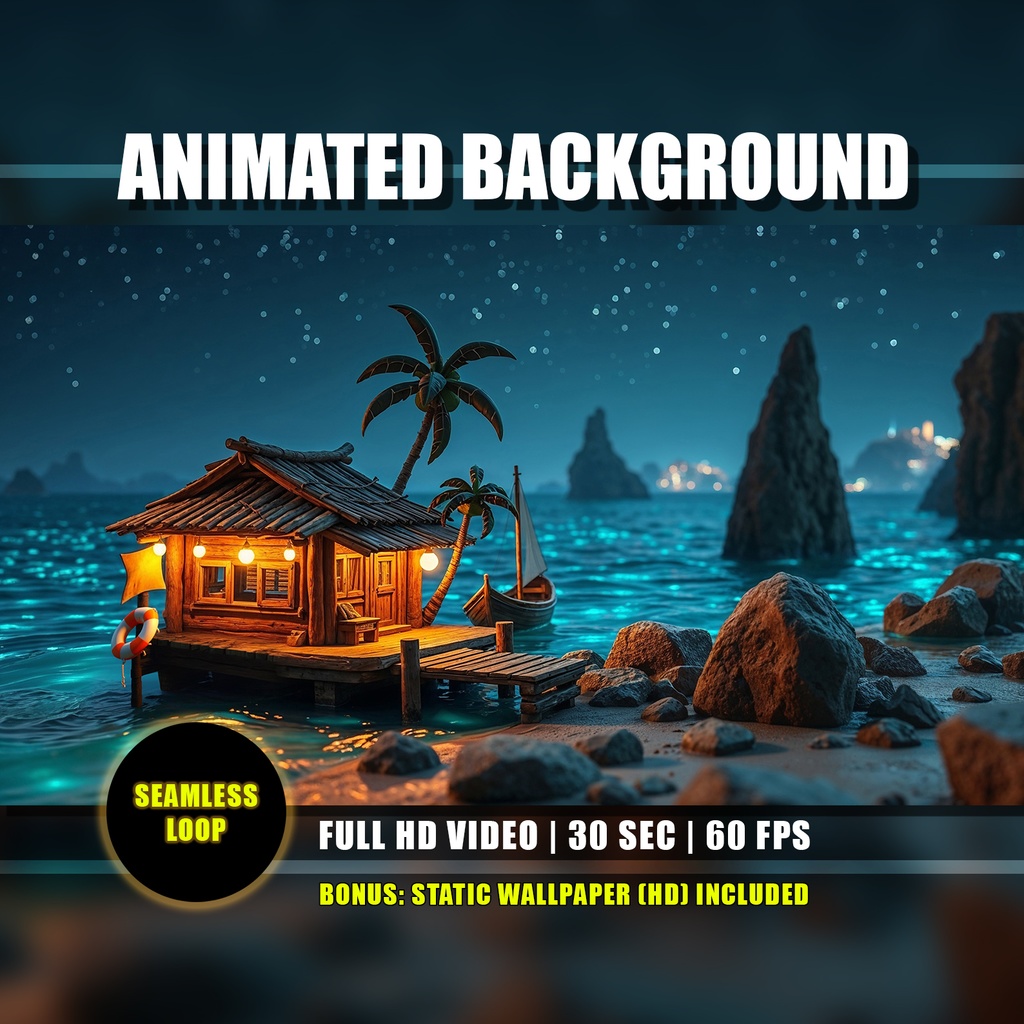 【アニメ背景】南国の夜の漁村 - 静かな青い海と輝く水面 | Animated Background - Tropical Fishing Village Night | Calm Blue Ocean Waters | Twitch Youtuber Vtuber Overlay