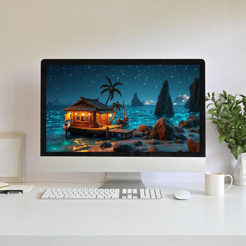 【アニメ背景】南国の夜の漁村 - 静かな青い海と輝く水面 | Animated Background - Tropical Fishing Village Night | Calm Blue Ocean Waters | Twitch Youtuber Vtuber Overlay