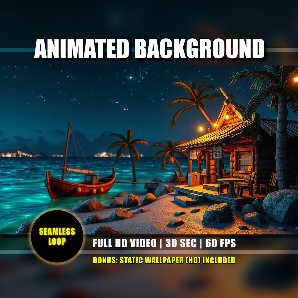 【アニメ背景】南国の幻想的な夜 - 魔法のように輝く青い波 | Animated Background - Tropical Night | Magical Blue Waves | Nighttime Ocean | Twitch Youtube Vtuber Overlay