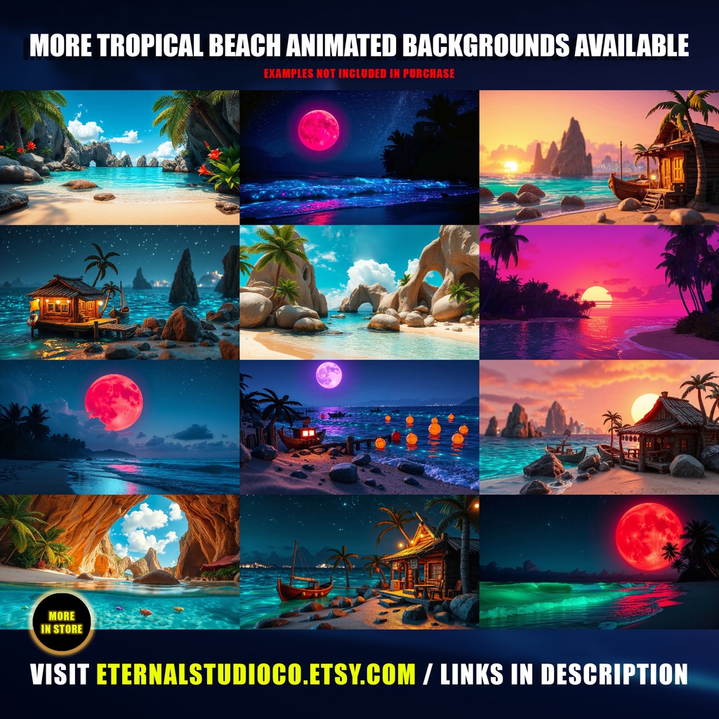 【アニメ背景】南国の幻想的な夜 - 魔法のように輝く青い波 | Animated Background - Tropical Night | Magical Blue Waves | Nighttime Ocean | Twitch Youtube Vtuber Overlay