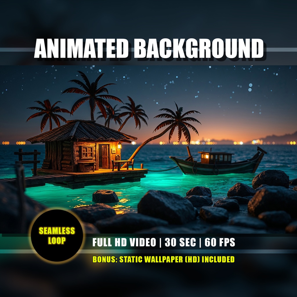 【アニメ背景】南国の夜の海岸 - 魔法のように輝くネオンブルーの波 | Animated Background - Tropical Shore Night | Magical Neon Blue Waves Ocean | Youtube Twitch Vtuber Stream Overlay