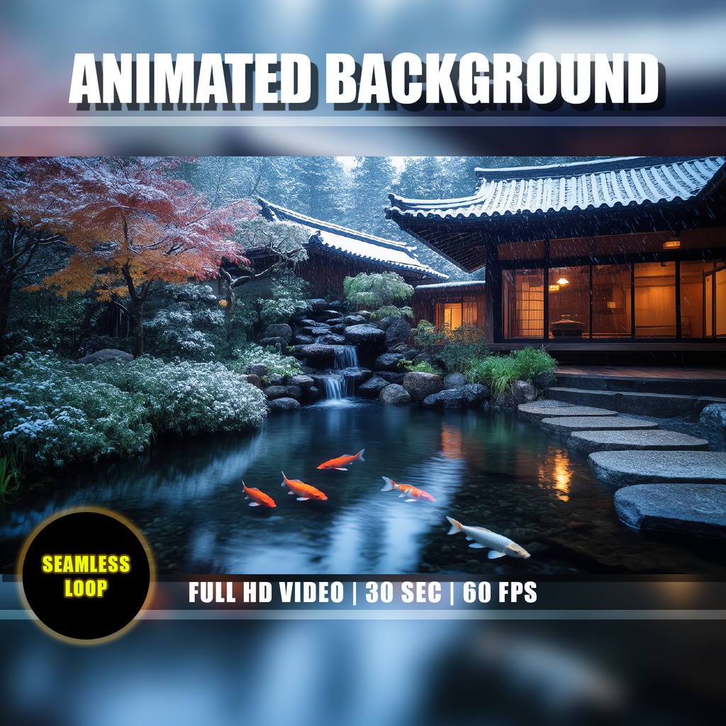 【アニメ背景】日本の禅庭園と鯉の池 - 雪景色と滝の癒やし | Animated Background - Japanese Zen Garden Pond | Koi Fish and Waterfall | Relaxing Winter Nature Live Wallpaper | Vtuber Youtube Twitch Loop