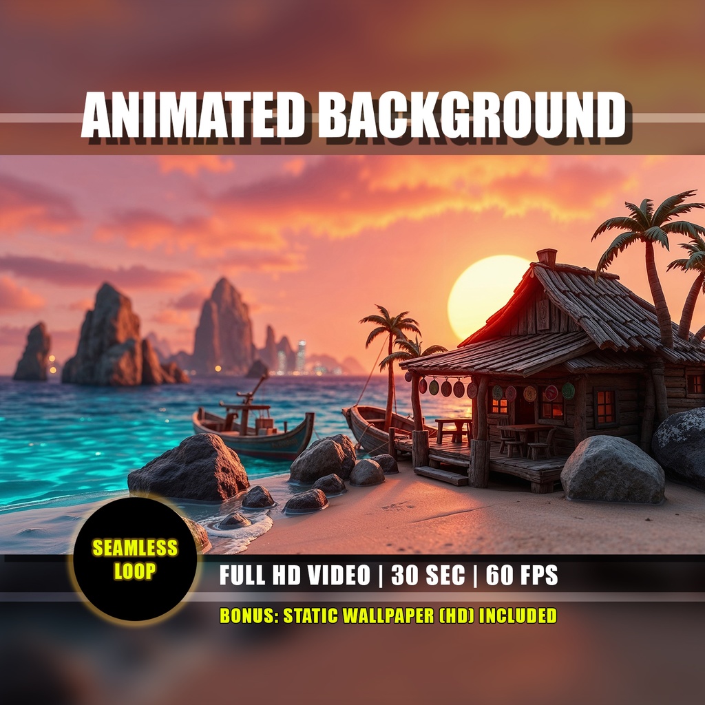 【アニメ背景】南国の夕暮れの漁村 - 黄金に輝く海と夕日 | Animated Background - Tropical Fishing Village Sunset | Relaxing Sunset Beach, Glowing Ocean | Twitch Youtube Vtuber Stream