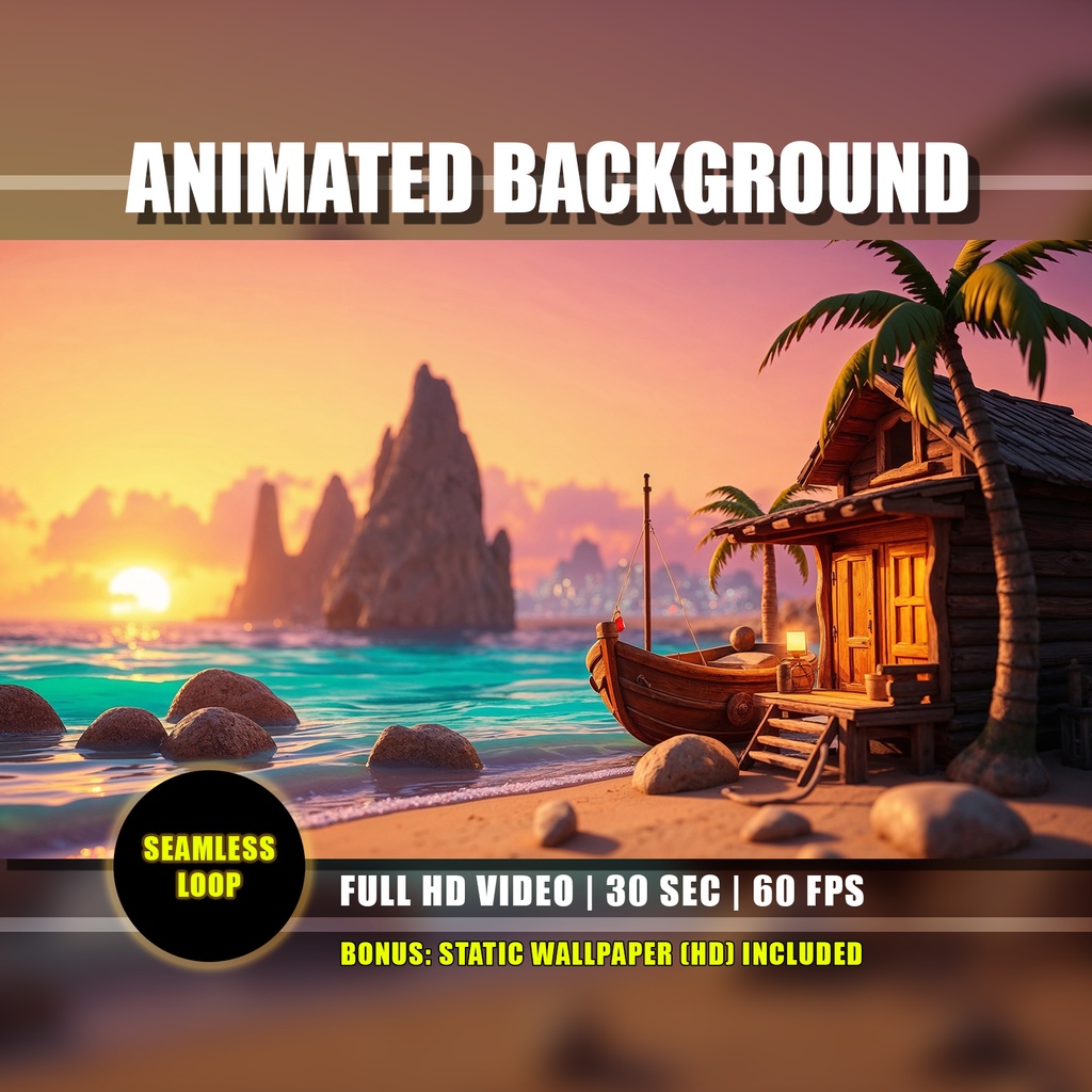 【アニメ背景】南国の夕暮れの漁村 - 黄金の海とビーチコテージ | Animated Background - Tropical Fishing Village Sunset Beach Cabin, Afternoon Ocean Waves Live Wallpaper | Twitch Youtube Vtuber Stream Loop