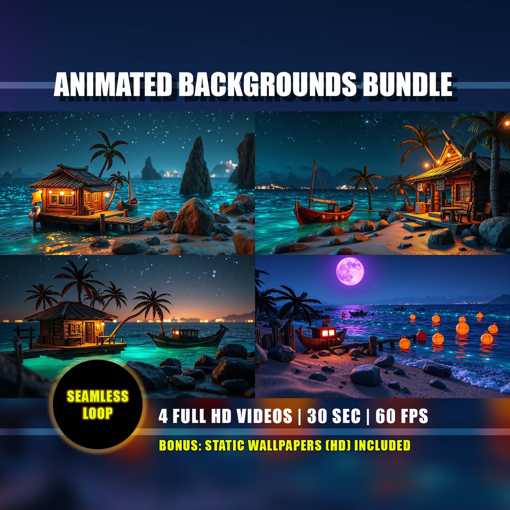 【アニメ背景 4種セット】南国の幻想的な夜 - 魔法の青い海と漁村 | Animated Background Bundle - Tropical Night | Ocean Beach Paradise Overlay | Twitch Youtube Vtuber