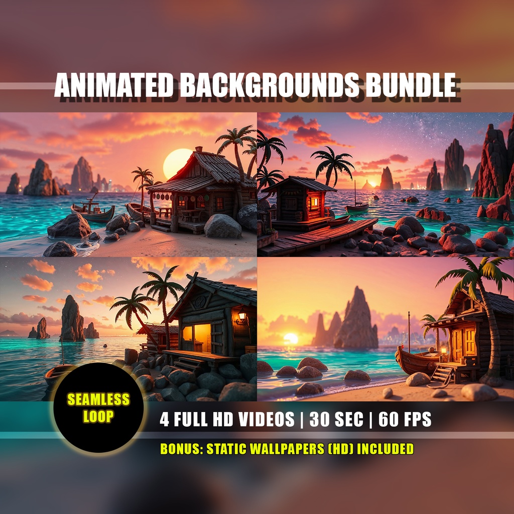 【アニメ背景 4種セット】南国の夕暮れの漁村 - 黄金に輝く海とビーチコテージ | Animated Background Bundle - Tropical Fishing Village Sunset Afternoon, Ocean Beach Live Wallpaper Overlay Loop | Twitch Youtube Vtuber