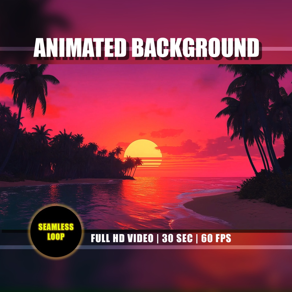 【アニメ背景】レトロな南国のピンクサンセット - 80年代風の海とヤシの木 | Animated Background - Retro Tropical Pink Sunset | Ocean Palm Trees | Relaxing 80's Vibe Live Wallpaper | Vtuber Youtube Twitch Overlay Loop