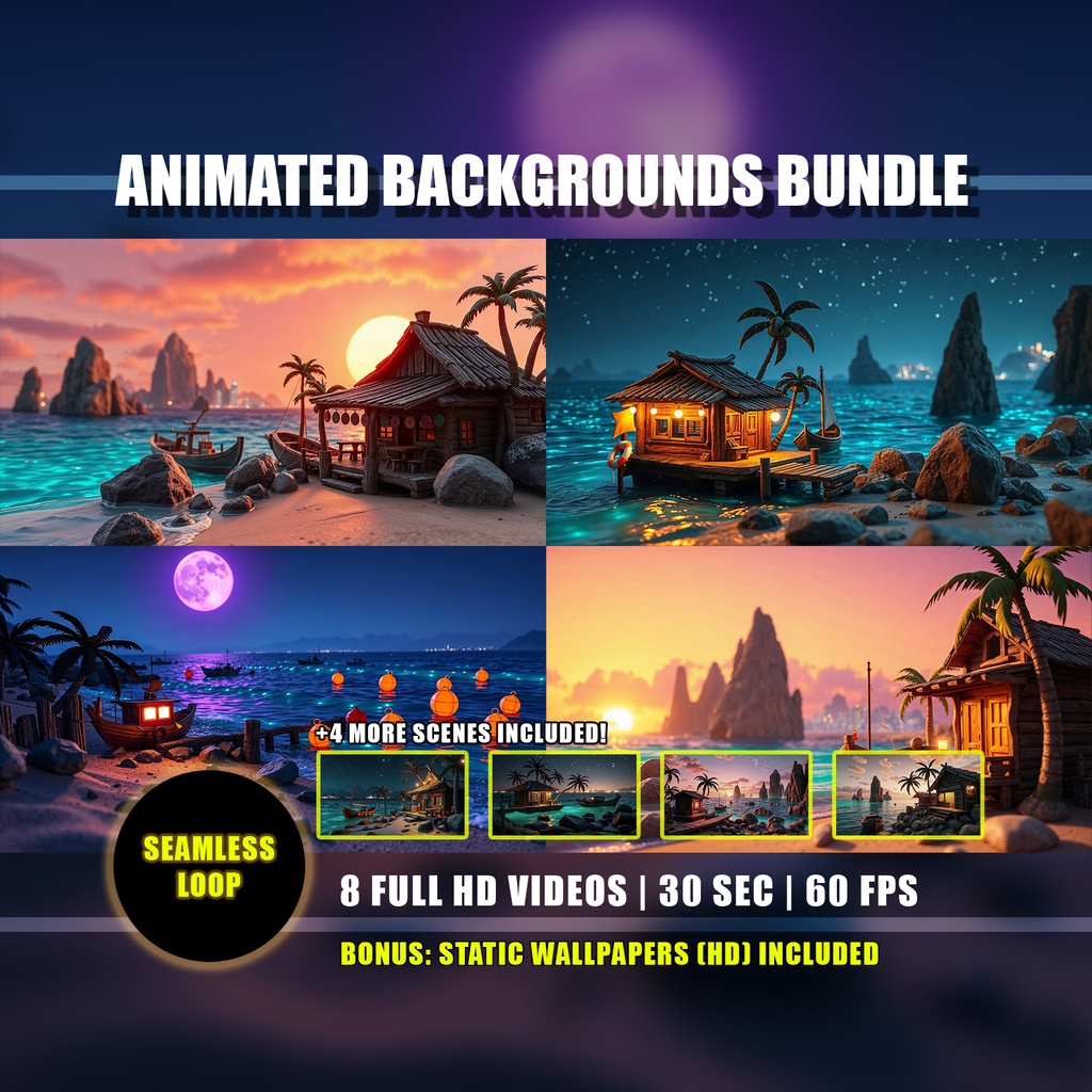 【アニメ背景 8種セット】南国の昼夜・黄金の夕日と幻想的な夜の海 | Animated Background Bundle - Tropical Night & Sunset Ocean Beach Paradise Overlay | Twitch Youtube Vtuber