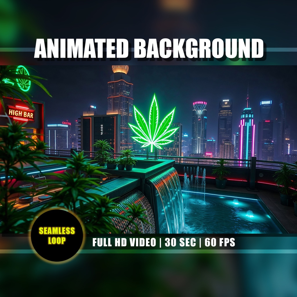【アニメ背景】大麻ネオンのルーフトップバー - 夜の都会とサイバーパンクな展望 | Weed Rooftop Lounge Animated Background, Cannabis Neon Cityscape, Urban Night Scene, Mari juana VTuber Twitch Youtube Stream HD Loop Video
