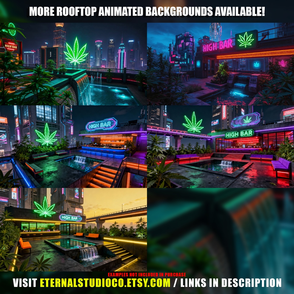 【アニメ背景】大麻ネオンのルーフトップバー - 夜の都会とサイバーパンクな展望 | Weed Rooftop Lounge Animated Background, Cannabis Neon Cityscape, Urban Night Scene, Mari juana VTuber Twitch Youtube Stream HD Loop Video