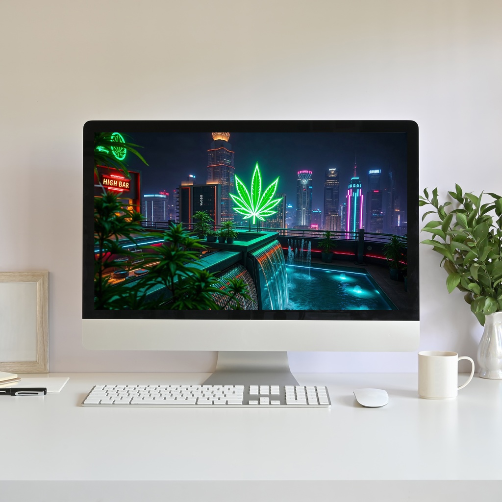 【アニメ背景】大麻ネオンのルーフトップバー - 夜の都会とサイバーパンクな展望 | Weed Rooftop Lounge Animated Background, Cannabis Neon Cityscape, Urban Night Scene, Mari juana VTuber Twitch Youtube Stream HD Loop Video