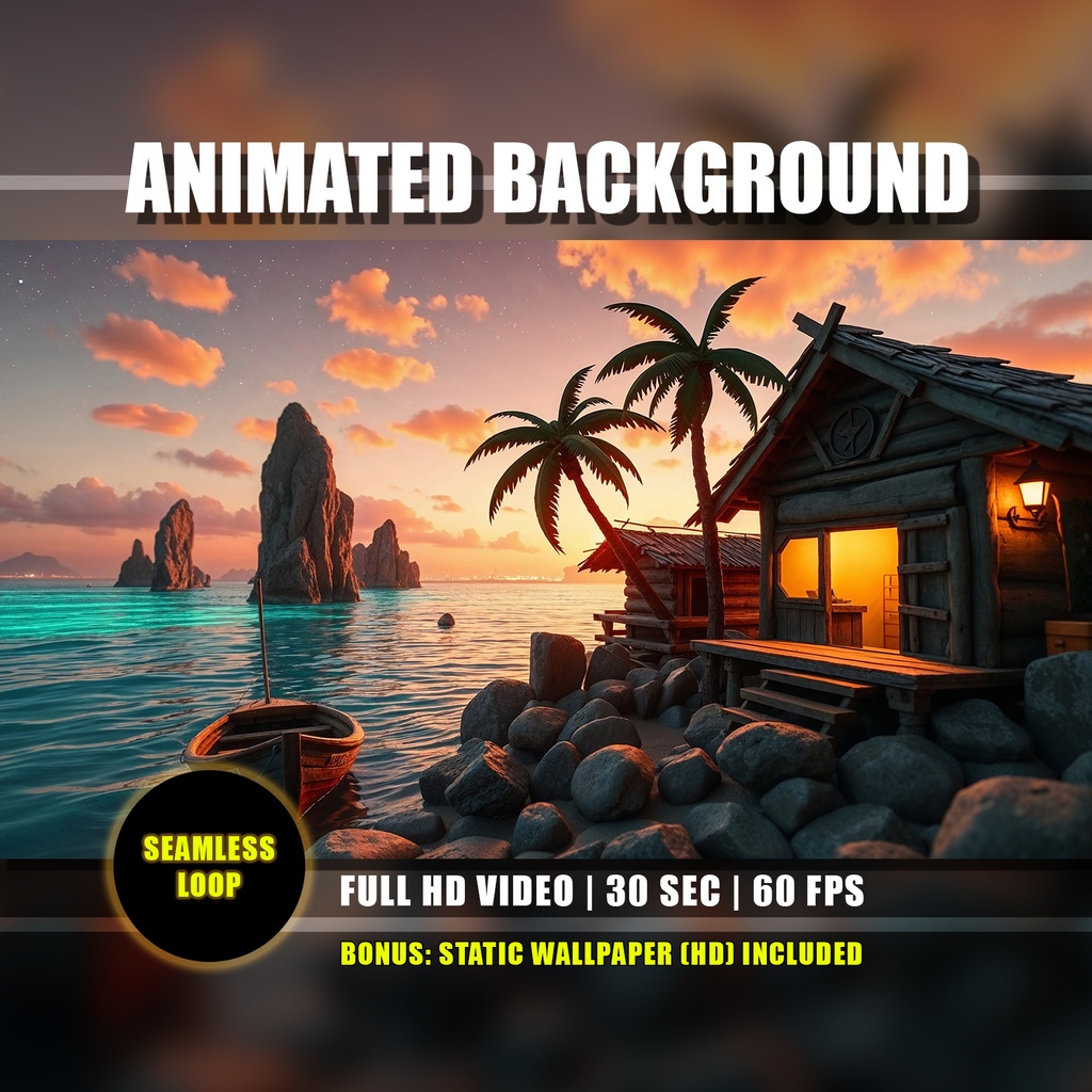 アニメ背景】南国の漁村と夕日 - ライブ壁紙 | Tropical Fishing Village Sunset Animated Background, Cozy Beach Hut Golden Sunset, Vtuber Twitch Youtube Stream Loop Video