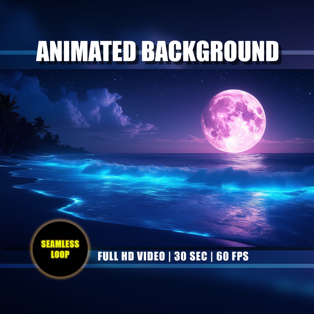 【アニメ背景】月夜の南国ビーチとネオンの波 - ライブ壁紙 | Moonlight Tropical Beach Animated Background, Magical Neon Blue Waves, Nighttime Ocean Vtuber Twitch Stream Loop Video