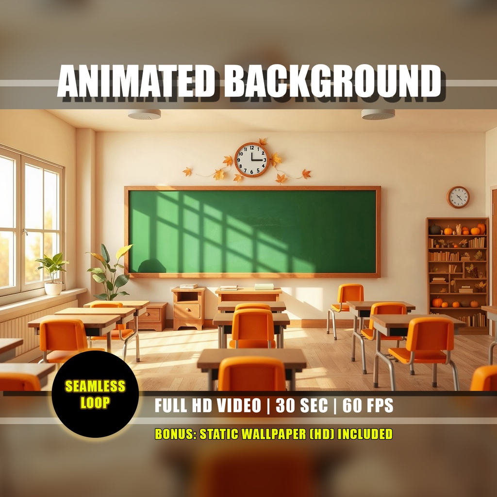 【アニメ背景】秋の教室と夕日の光 - ライブ壁紙 | Autumn Classroom Animated Background, Cozy Fall School Live Wallpaper, Educational Chalkboard for Vtuber Twitch Stream Loop Video