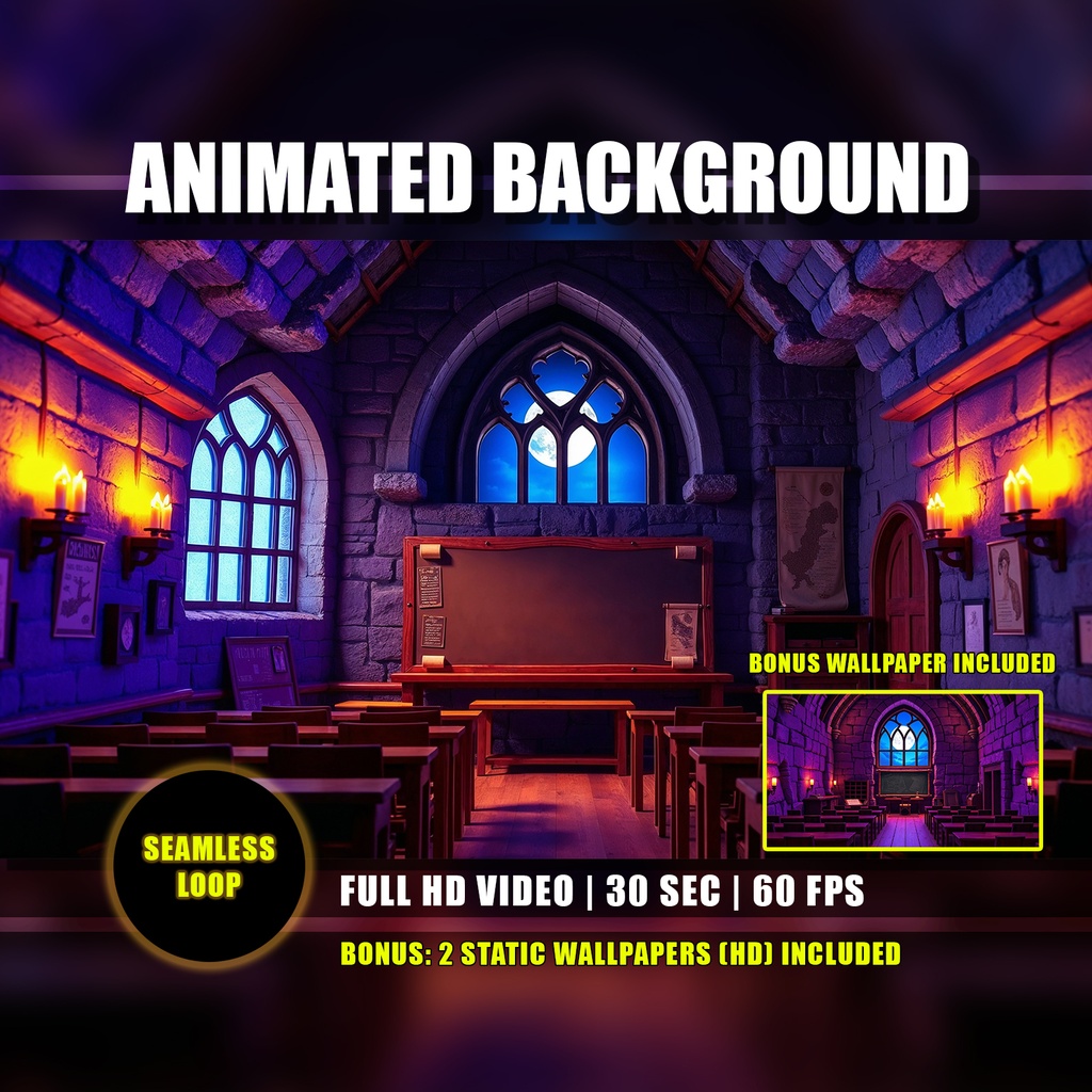 【アニメ背景】ゴシック城の魔法教室 - ライブ壁紙 | Gothic Castle Classroom Animated Background, Flickering Candles, Moonlight Window, Vtuber Twitch Stream Overlay Loop Video