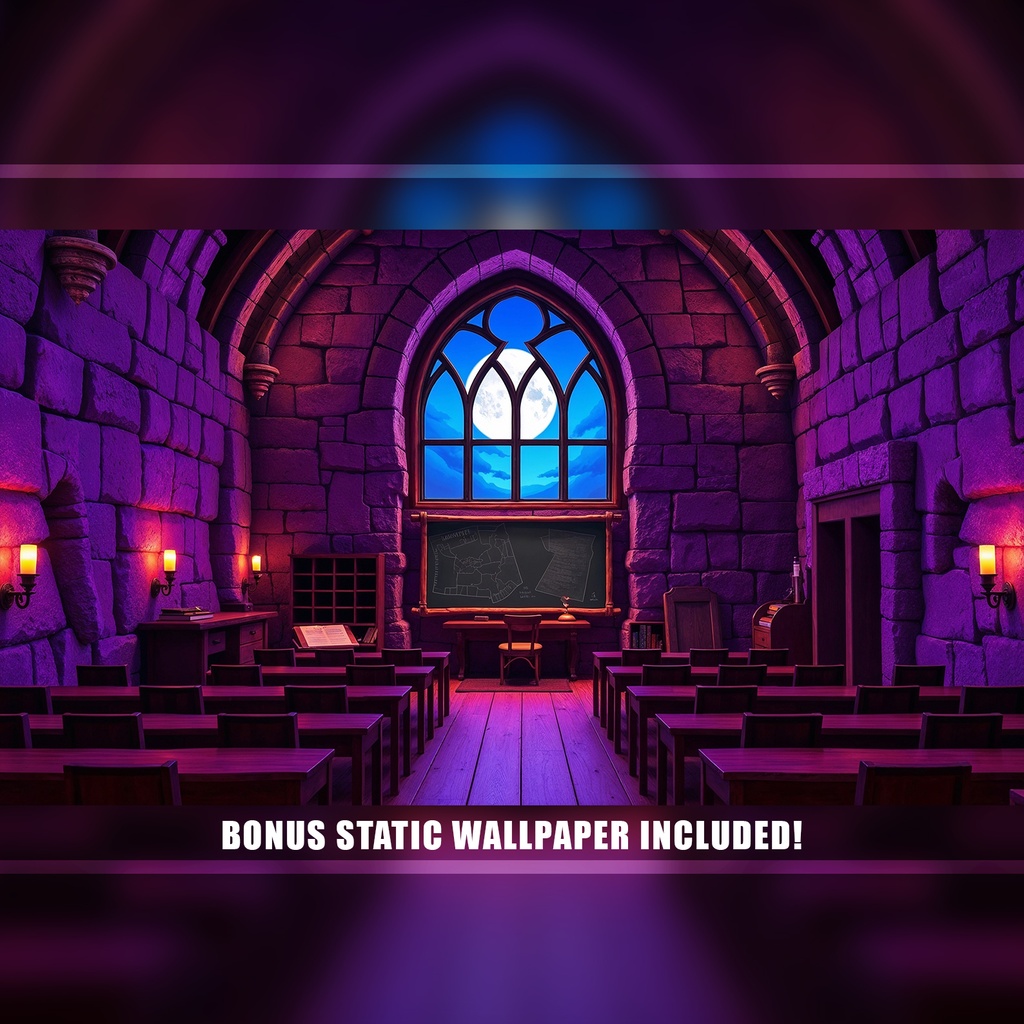 【アニメ背景】ゴシック城の魔法教室 - ライブ壁紙 | Gothic Castle Classroom Animated Background, Flickering Candles, Moonlight Window, Vtuber Twitch Stream Overlay Loop Video