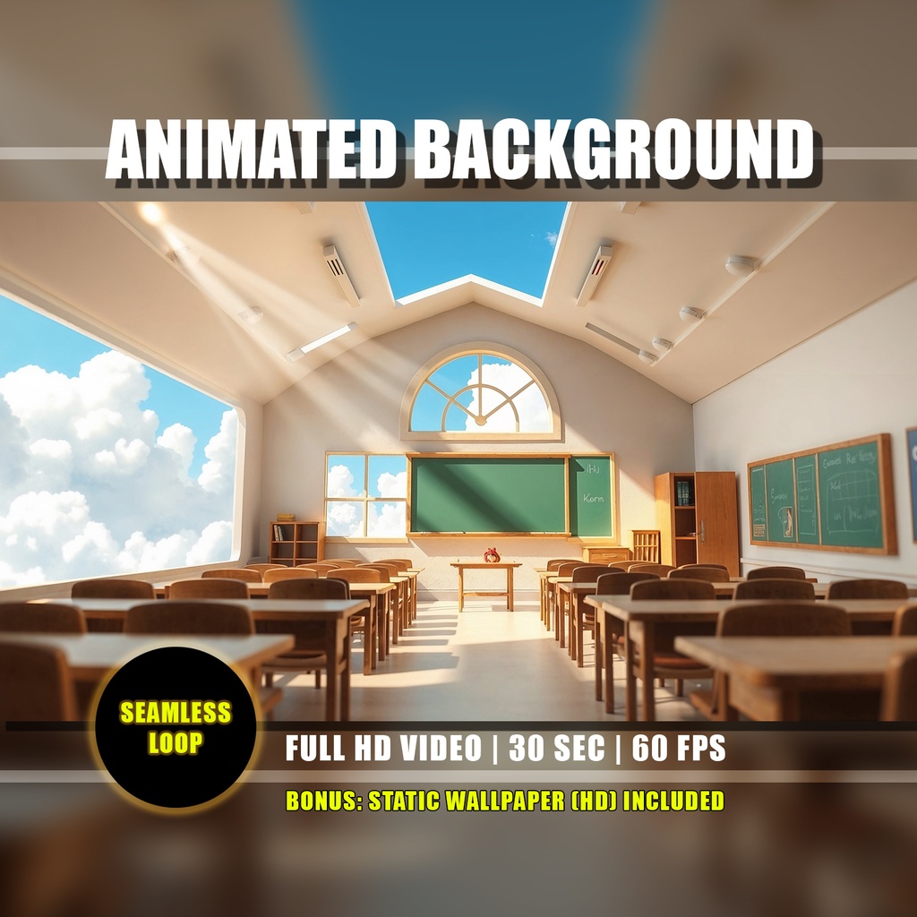 【アニメ背景】雲が浮かぶ教室と光 - ライブ壁紙 | School Classroom Animated Background, Cozy Clouds Floating Class Chalkboard Live Wallpaper, Study Vtuber Twitch Stream Overlay Loop Video
