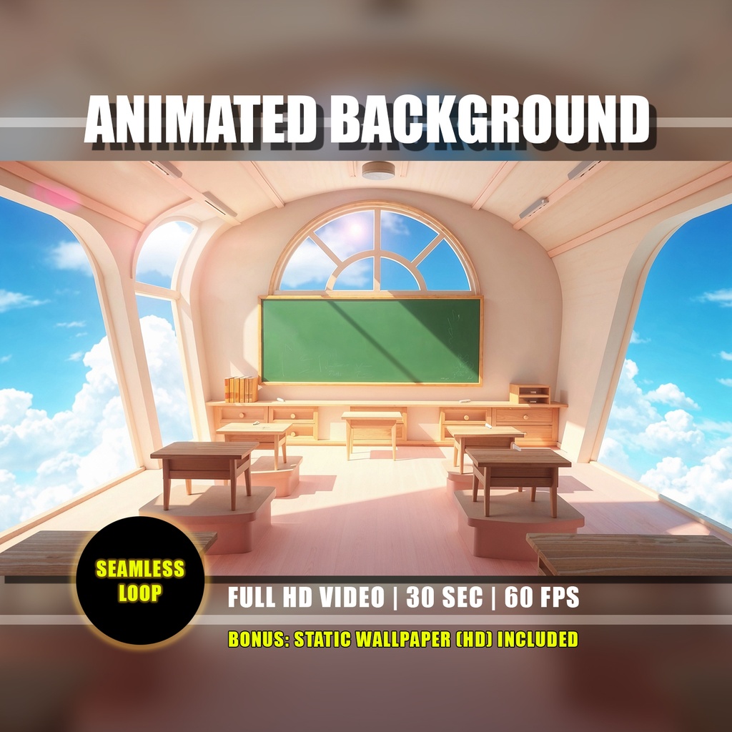 【アニメ背景】空に浮かぶ魔法の教室 - ライブ壁紙 | School Classroom Animated Background, Dreamy Clouds Floating Class Chalkboard Live Wallpaper, Youtube Vtuber Twitch Stream Overlay Loop Video