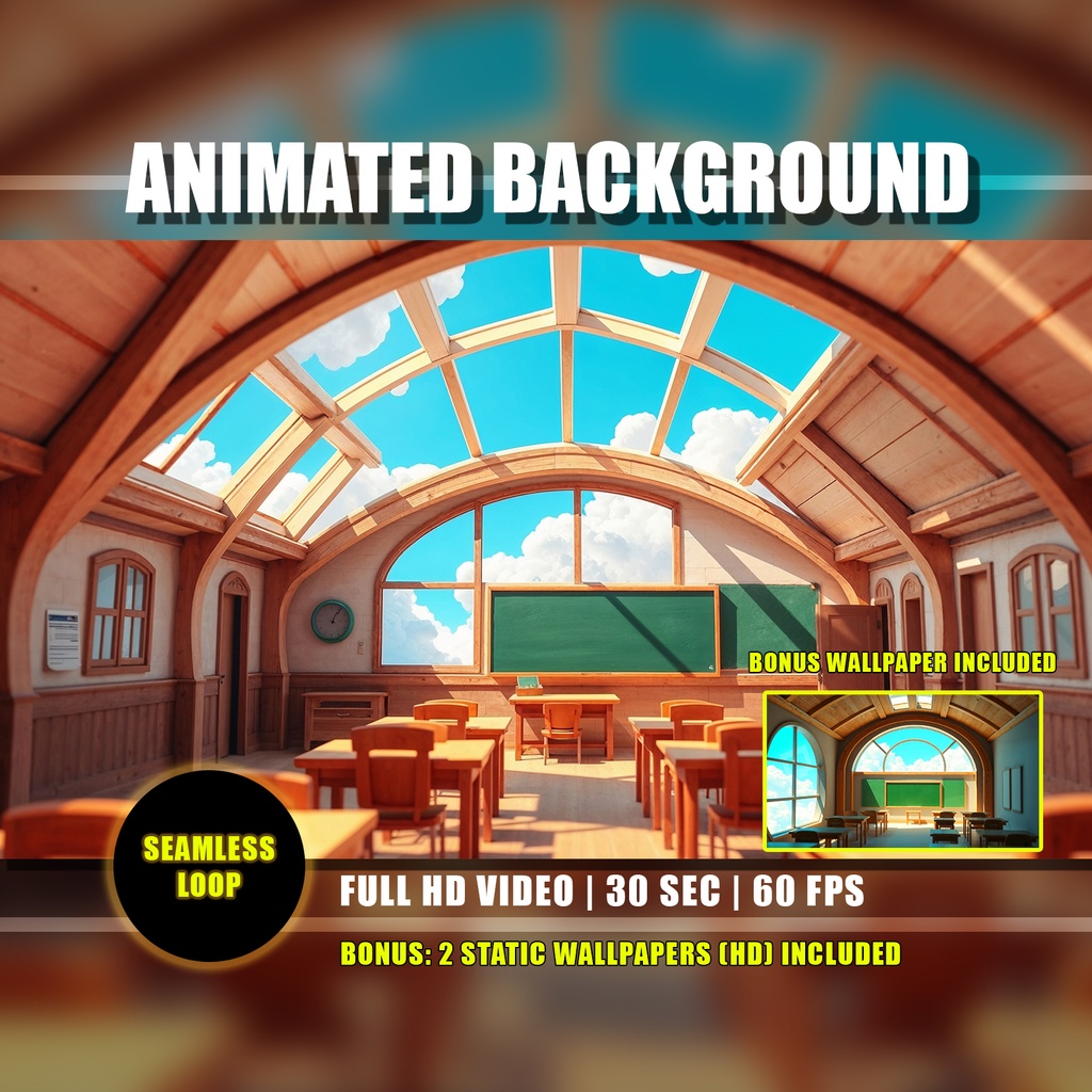【アニメ背景】天空の魔法教室と流れる雲 - ライブ壁紙 | School Classroom Animated Background, Enchanted Clouds Floating Class, Study Vtuber Twitch Stream Overlay Loop Video