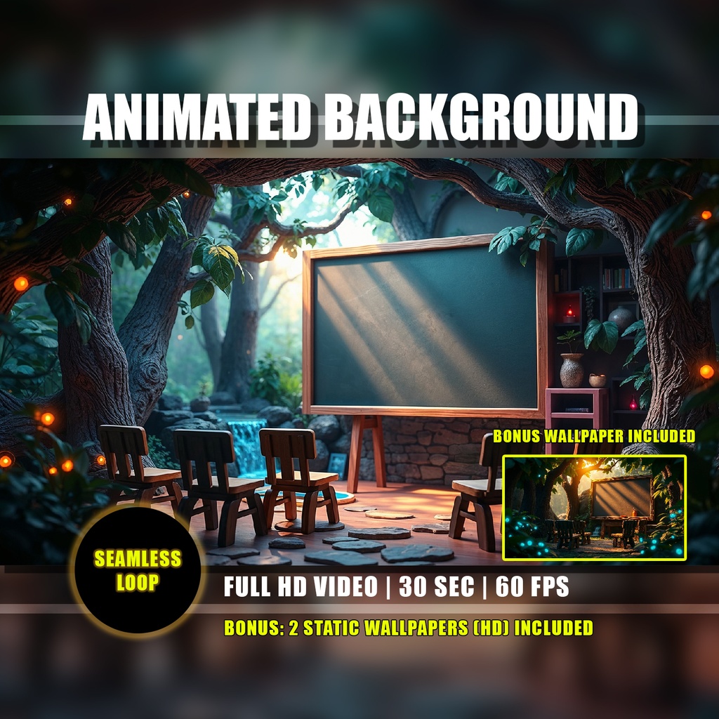 【アニメ背景】森の魔法教室と神秘の滝 - ライブ壁紙 | School Forest Classroom Animated Background, Enchanted Woodland Magical Waterfall, Study Vtuber Twitch Overlay Loop Video