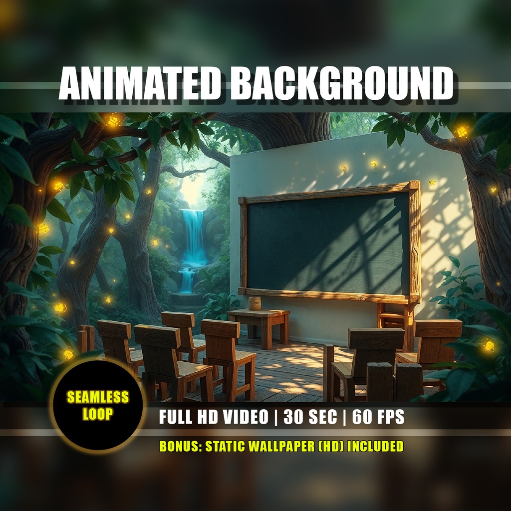 【アニメ背景】神秘的な森の学校と滝 - ライブ壁紙 | Forest School Classroom Animated Background, Mystical Woods Magical Waterfall, Study Vtuber Twitch Overlay Loop Video