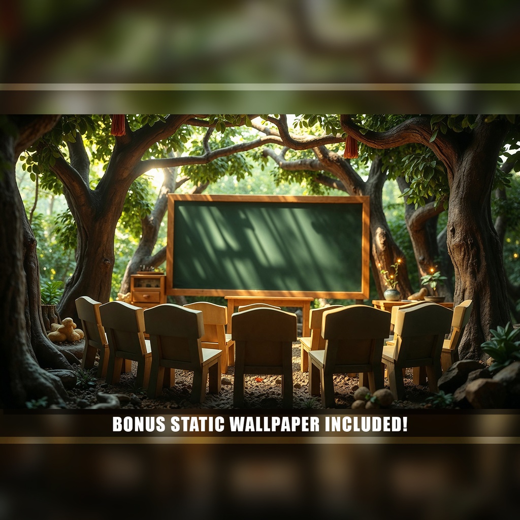 【アニメ背景】森の学校とオレンジの光のジャングル - ライブ壁紙 | Forest School Classroom Animated Background, Magical Glowing Orange Lights Jungle, Study Vtuber Twitch Overlay Loop Video