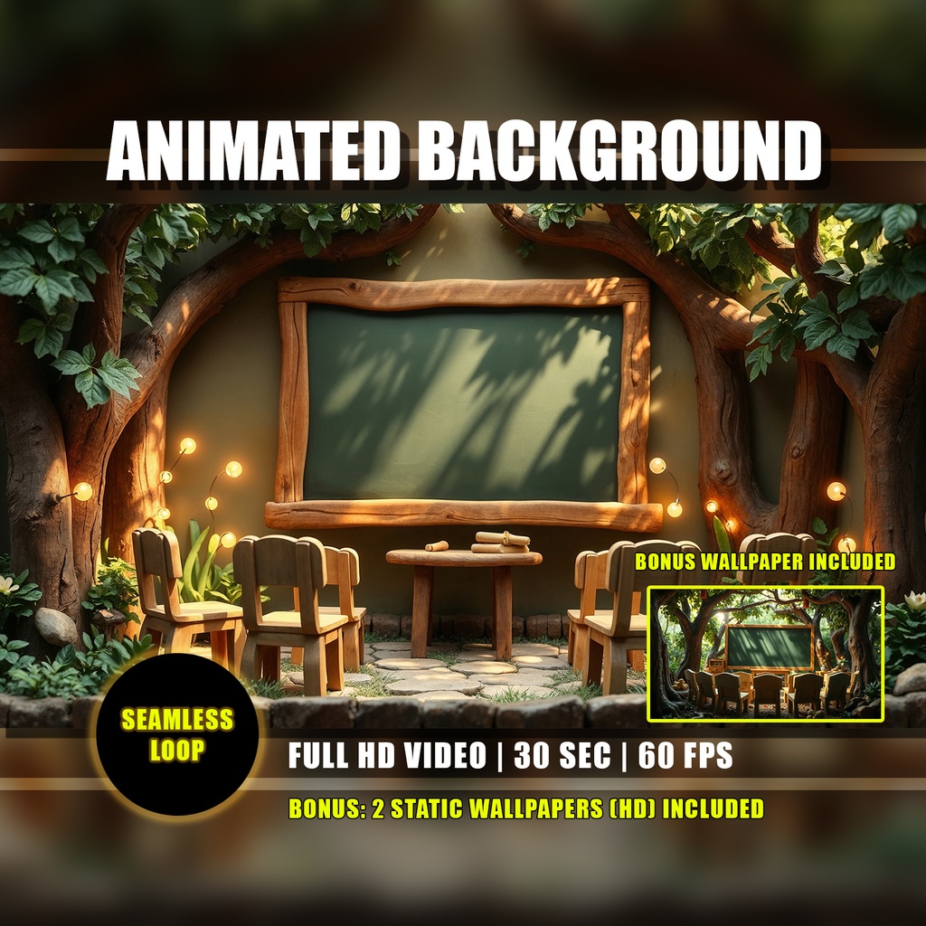 【アニメ背景】森の学校とオレンジの光のジャングル - ライブ壁紙 | Forest School Classroom Animated Background, Magical Glowing Orange Lights Jungle, Study Vtuber Twitch Overlay Loop Video
