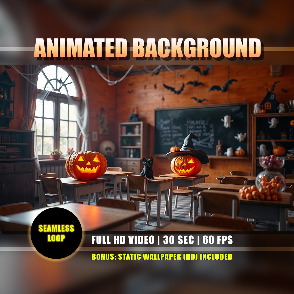 【アニメ背景】ハロウィンの教室と黒猫 - ライブ壁紙 | Classroom Halloween Animated Background, Spooky Jack-O-Lantern Black Cat Haunted School, VTuber YouTube Twitch Live Wallpaper Loop Video