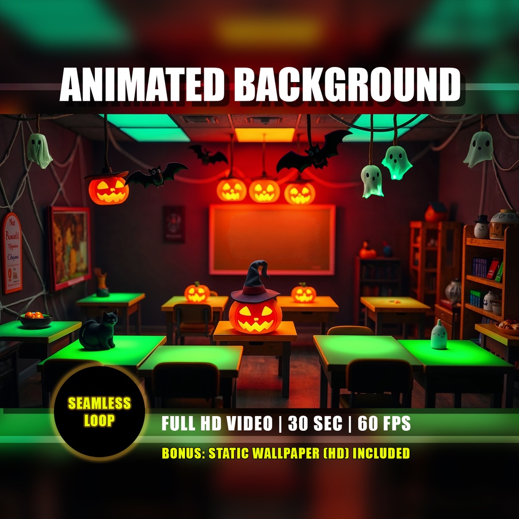 【アニメ背景】ハロウィンの教室・ネオンの緑の光 - ライブ壁紙 | Classroom Halloween Animated Background, Neon Green Glow Spooky Pumpkin Ghost Haunted School, VTuber YouTube Twitch Loop Video
