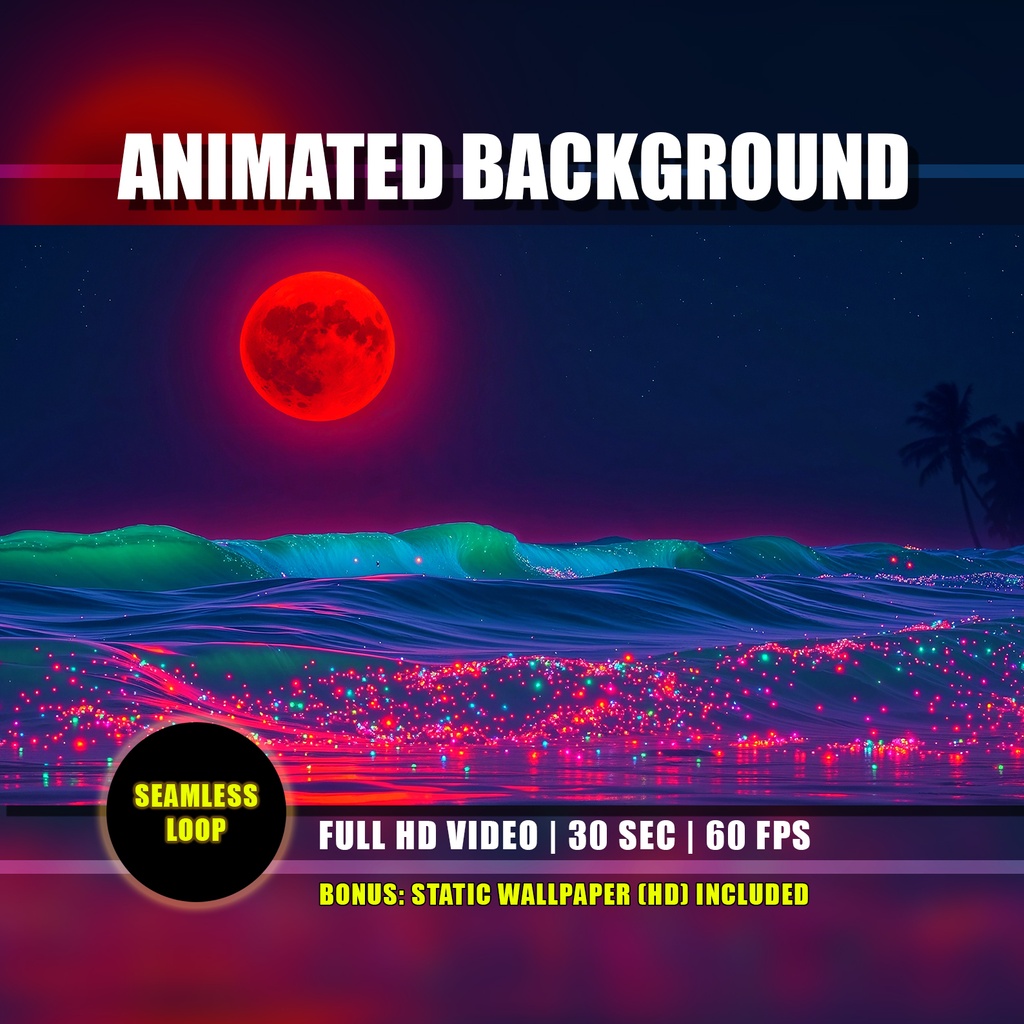 【アニメ背景】月光のトロピカルビーチ・赤い月とネオンの波 - ライブ壁紙 | Moonlight Tropical Beach Animated Background, Red Moon Nighttime Magical Neon Surreal Waves Ocean, VTuber YouTube Twitch Loop Video