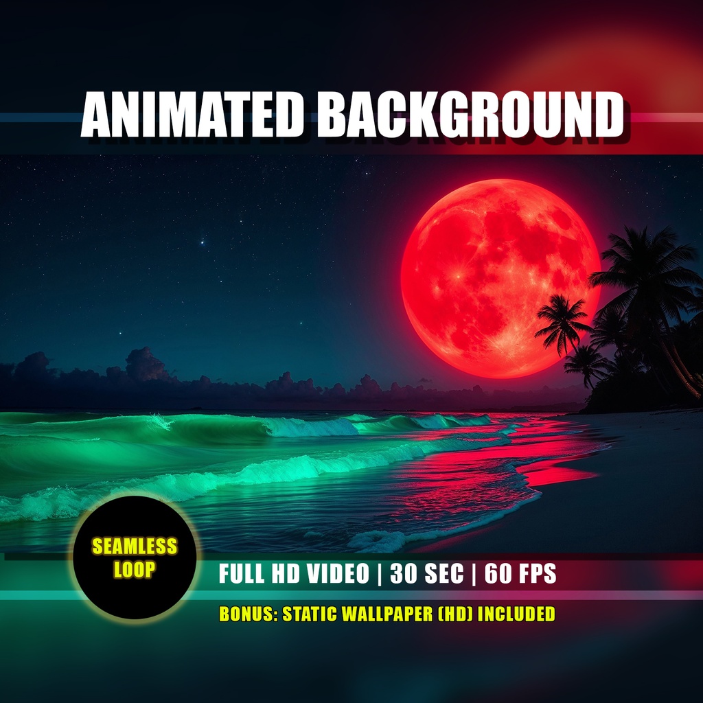 【アニメ背景】月光のトロピカルビーチ・赤い月と緑の波 - ライブ壁紙 | Moonlight Tropical Beach Animated Background, Red Moon Glowing Green Waves Nighttime Surreal Ocean, VTuber YouTube Twitch Loop Video
