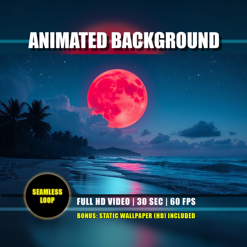 【アニメ背景】月光のトロピカルビーチ・魔法の夜の赤い月と青い波 - ライブ壁紙 | Moonlight Tropical Beach Animated Background, Magical Night Red Moon Blue Waves Environment, VTuber YouTube Twitch Loop Video