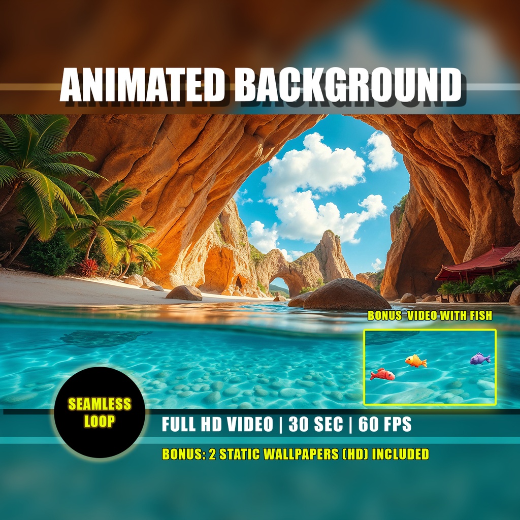 【アニメ背景】南国のラグーン洞窟・海の魚と水中ループ - ライブ壁紙 | Animated Tropical Beach Background, Lagoon Cave Ocean Fish Loop, VTuber YouTube Twitch Video