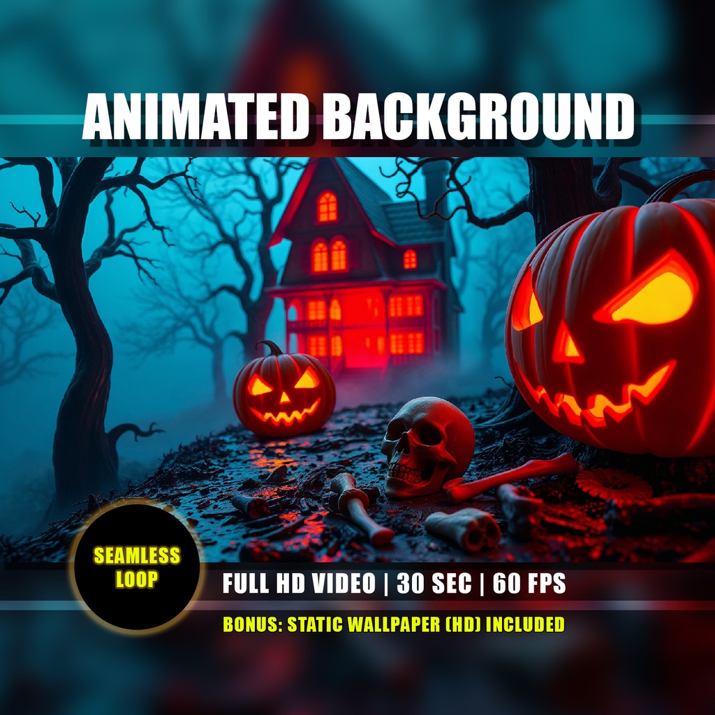 【アニメ背景】ハロウィンの幽霊屋敷・不気味な夜と赤い光の館 - ライブ壁紙 | Halloween Animated Background, Spooky Haunted House Night Pumpkins Skull and Bones, VTuber YouTube Twitch Stream Overlay