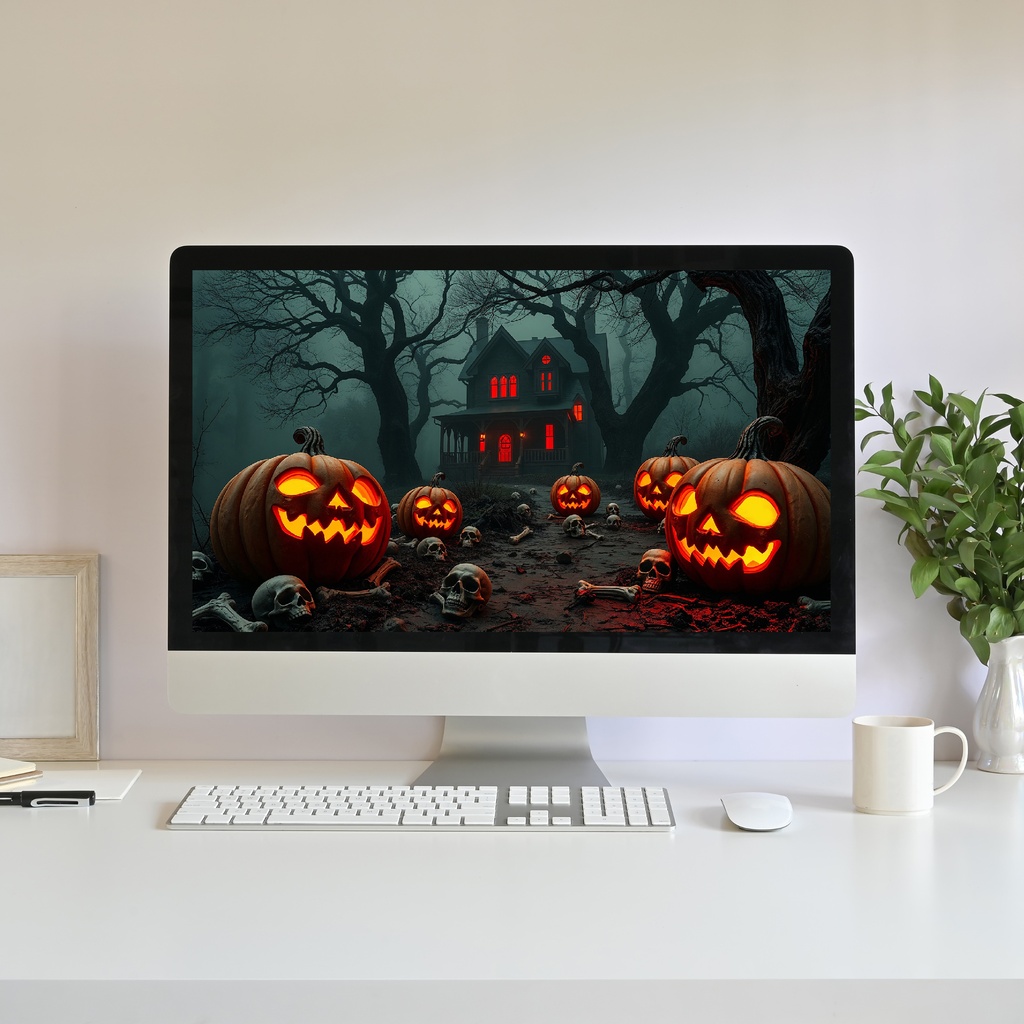 【アニメ背景】ハロウィンの幽霊屋敷・動くかぼちゃと骸骨の不気味な夜 - ライブ壁紙 | Halloween Animated Background, Spooky Haunted House Night with Pumpkins and Skulls, VTuber YouTube Twitch Stream Overlay