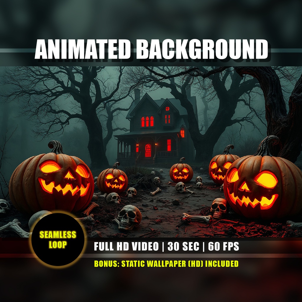【アニメ背景】ハロウィンの幽霊屋敷・動くかぼちゃと骸骨の不気味な夜 - ライブ壁紙 | Halloween Animated Background, Spooky Haunted House Night with Pumpkins and Skulls, VTuber YouTube Twitch Stream Overlay
