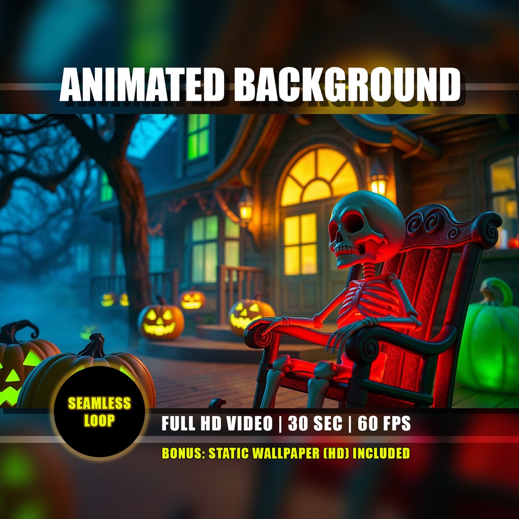 【アニメ背景】ガイコツのロッキングチェア・不気味な幽霊屋敷のテラス - ライブ壁紙 | Skeleton Rocking Chair Halloween Haunted House Night Porch Pumpkin Animated Background, Twitch YouTube VTuber Stream Overlay