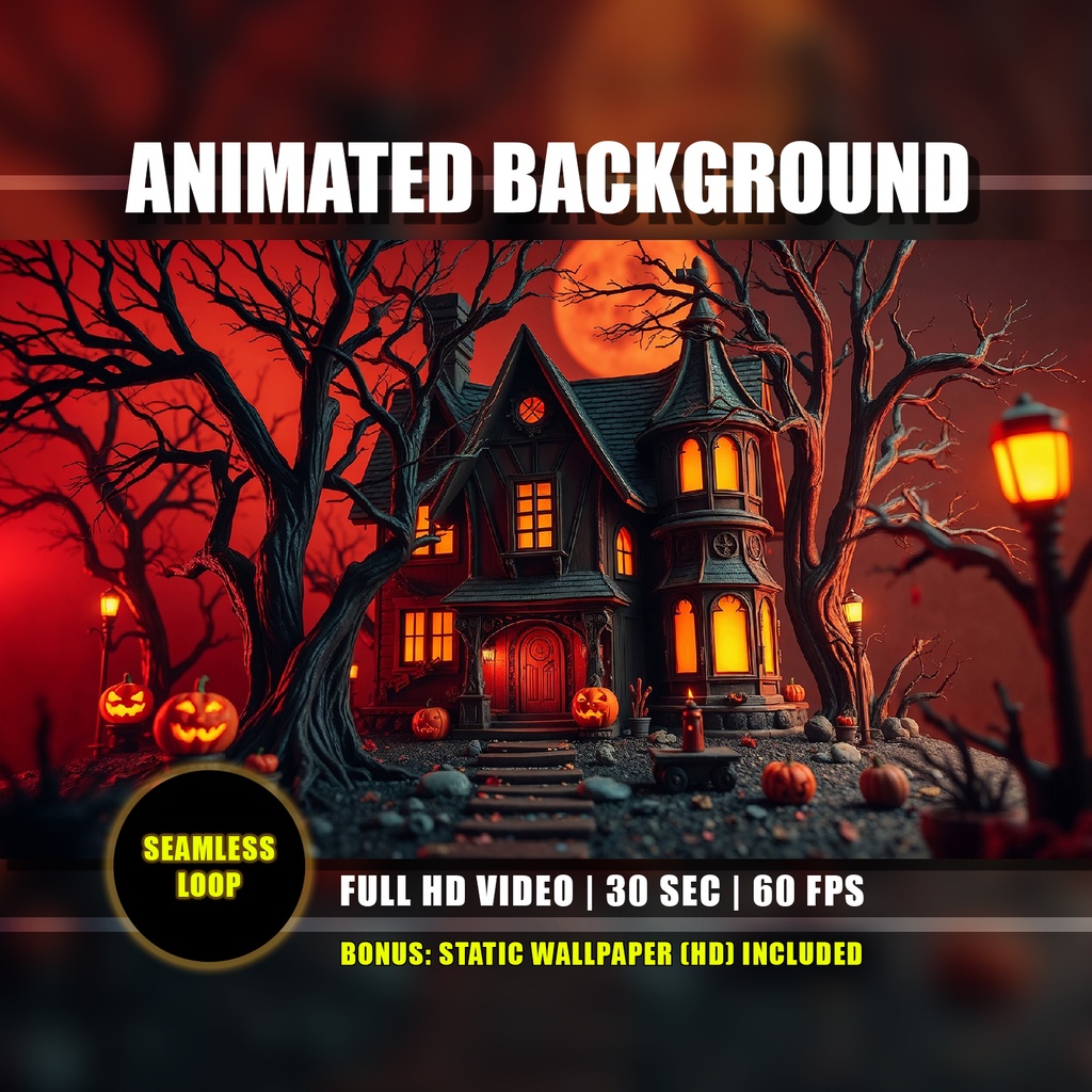 【アニメ背景】幽霊屋敷と赤い満月の夜・ハロウィンかぼちゃの館 - ライブ壁紙 | Spooky Haunted House Night Red Sky Moon Halloween Pumpkins Animated Background, Twitch YouTube VTuber Stream Overlay Loop