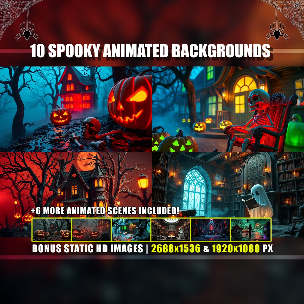 【アニメ背景】10種のハロウィン背景セット・お化け屋敷と魔女ピエロ - ライブ壁紙 | 10 Spooky Halloween Live Wallpapers Bundle, Pumpkins Skeleton Witch Ghost Clown, Twitch YouTube VTuber Stream Overlay Loop