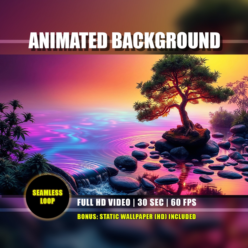 【アニメ背景】サイケデリックな湖の庭園・マリファナと滝の夕暮れ - ライブ壁紙 | Surreal Colorful Lake Garden Animated Background, Psychedelic Marijuana, Twitch YouTube VTuber Overlay Loop
