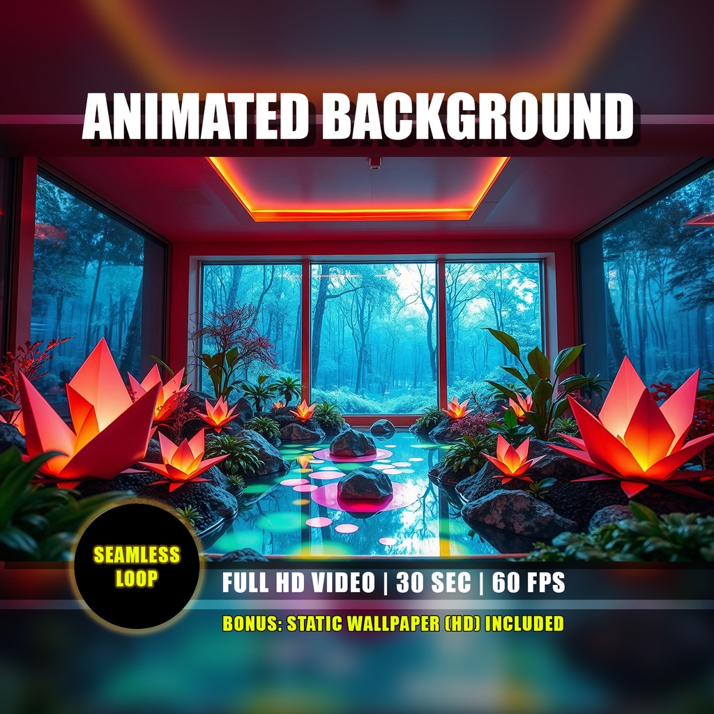 【アニメ背景】室内温室の池と赤いロータス・幻想的な夜の植物園 - ライブ壁紙 | Indoor Botanical Garden Pond Animated Background, Red Lotus Live Wallpaper, Twitch YouTube VTuber Overlay Loop